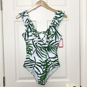 Pat Pat Womens Size XL One-Piece Swimsuit Ruffle Tropical Leaf Print White Green